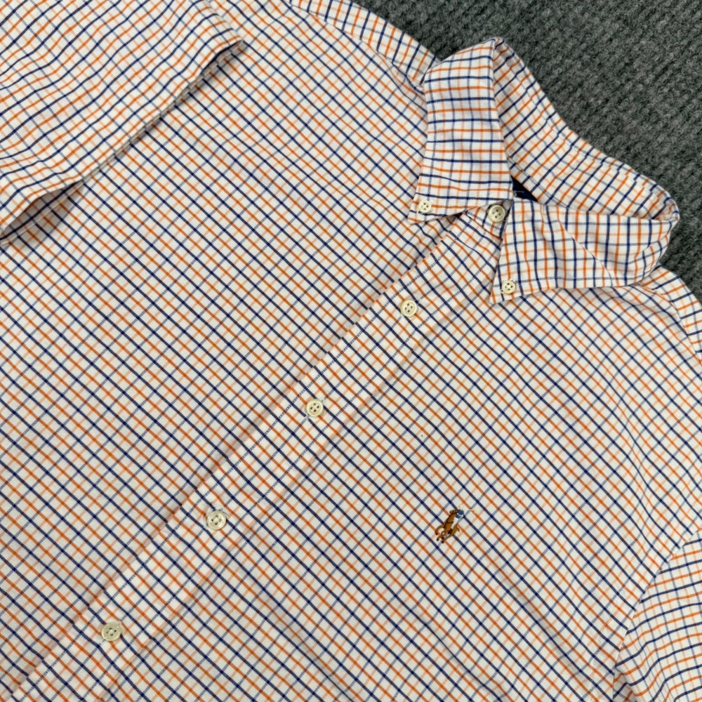Ralph Lauren Classic Fit Short Sleeve Shirt Mens Large Orange Blue Check Pony
